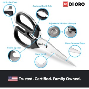 DI ORO Heavy Duty Kitchen Shears - All Purpose - Sharp Scissors for Food, Meat, & Herbs - Stainless Steel Kitchen Shears Heavy Duty & Dishwasher Safe - Bone Cutting Scissors