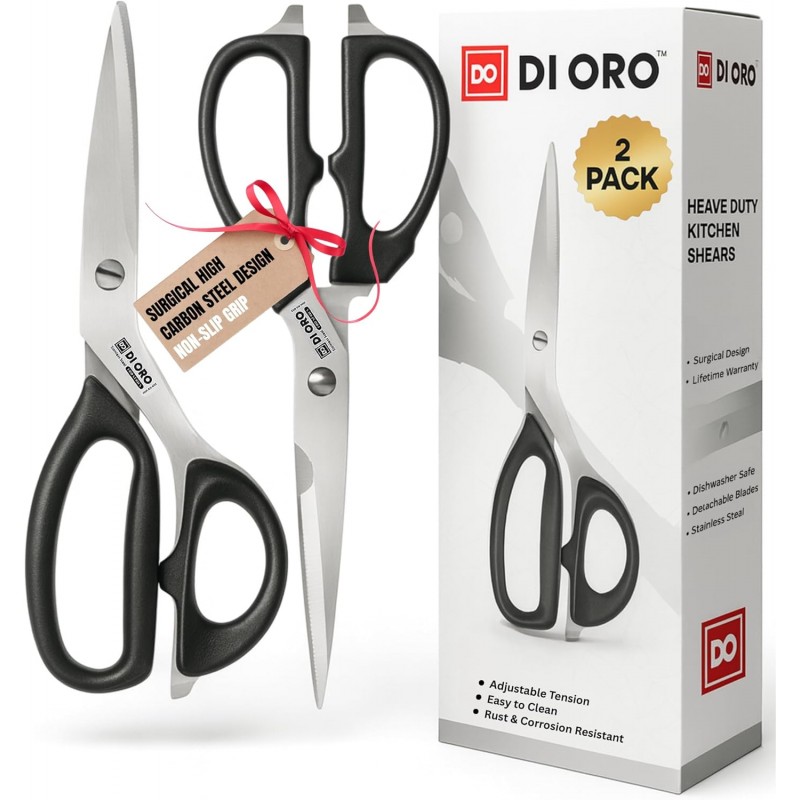 DI ORO Heavy Duty Kitchen Shears - All Purpose - Sharp Scissors for Food, Meat, & Herbs - Stainless Steel Kitchen Shears Heavy Duty & Dishwasher Safe - Bone Cutting Scissors