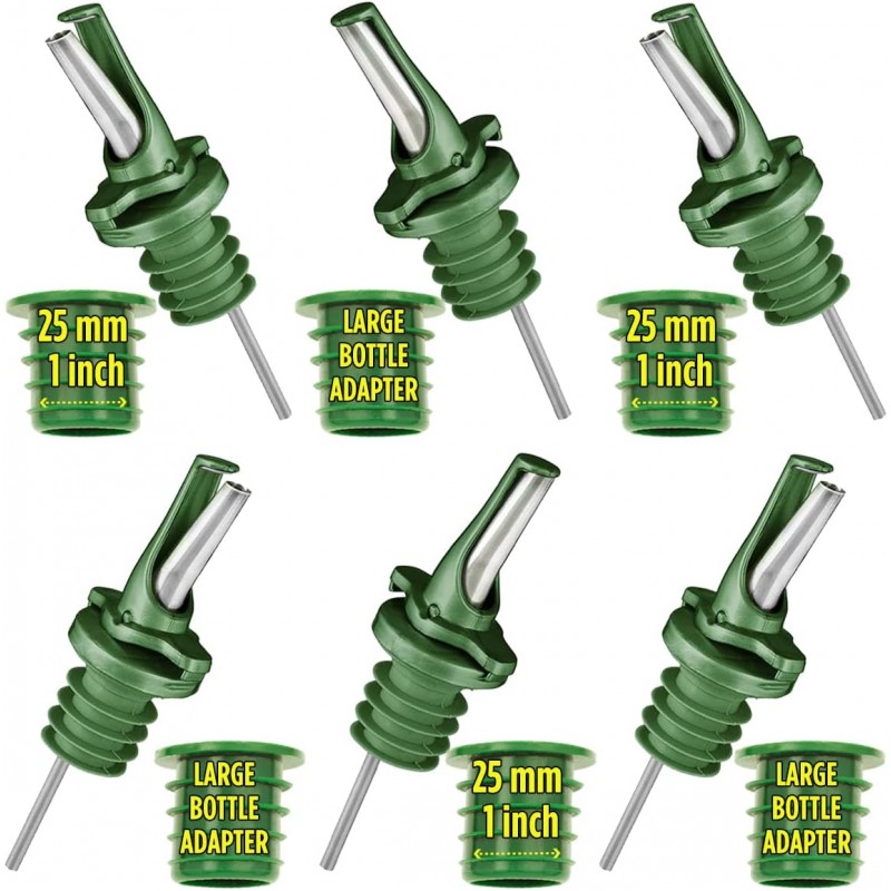 Olive Oil Spout for Olive Oil Dispenser - UK Patented Oil Pourer - Mid Flow Shut Off for Accurate Measurement - One Handed Open & Close Cap Keeps Oil Fresh and Prevents Oxidization - Green 6 Pack