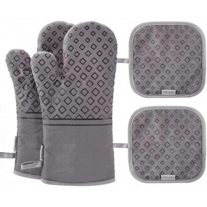 Set of 4 Oven Mitts and Pot Holders, 482 F Heat Resistant Hot Plate Moving Non-Slip Gloves for BBQ, Grill, Baking, Cooking, Oven, Microwave (Gray)