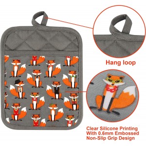 Pot Holders Set of 2 Heat Resistant 480 ℉ Non Slip Clear Silicone Printed Comfortable Cotton Lining Kitchen Women Men Cooking Baking Microwave Machine Washable (Fox, Gray Potholders)