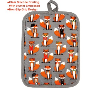 Pot Holders Set of 2 Heat Resistant 480 ℉ Non Slip Clear Silicone Printed Comfortable Cotton Lining Kitchen Women Men Cooking Baking Microwave Machine Washable (Fox, Gray Potholders)