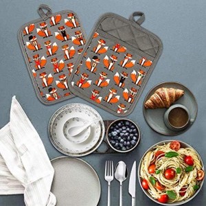 Pot Holders Set of 2 Heat Resistant 480 ℉ Non Slip Clear Silicone Printed Comfortable Cotton Lining Kitchen Women Men Cooking Baking Microwave Machine Washable (Fox, Gray Potholders)
