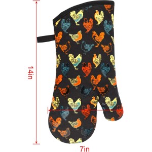 Oven Mitts Gloves 1 Pair Heat Resistant 480 ℉ Non Slip Clear Silicone Printed Rooster Comfortable Cotton Lining Kitchen Men Cooking Barbecue Machine Washable (Rooster, Black Mittens)