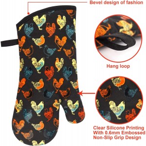 Oven Mitts Gloves 1 Pair Heat Resistant 480 ℉ Non Slip Clear Silicone Printed Rooster Comfortable Cotton Lining Kitchen Men Cooking Barbecue Machine Washable (Rooster, Black Mittens)
