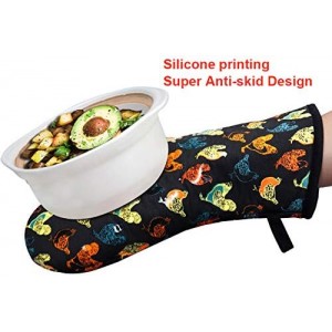 Oven Mitts Gloves 1 Pair Heat Resistant 480 ℉ Non Slip Clear Silicone Printed Rooster Comfortable Cotton Lining Kitchen Men Cooking Barbecue Machine Washable (Rooster, Black Mittens)
