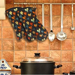 Oven Mitts Gloves 1 Pair Heat Resistant 480 ℉ Non Slip Clear Silicone Printed Rooster Comfortable Cotton Lining Kitchen Men Cooking Barbecue Machine Washable (Rooster, Black Mittens)