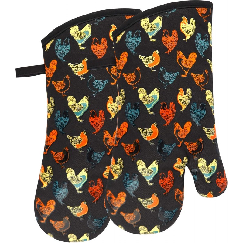 Oven Mitts Gloves 1 Pair Heat Resistant 480 ℉ Non Slip Clear Silicone Printed Rooster Comfortable Cotton Lining Kitchen Men Cooking Barbecue Machine Washable (Rooster, Black Mittens)