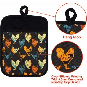 Pot Holders Set of 2 Heat Resistant 480 ℉Non Slip Clear Silicone Printed Comfortable Cotton Lining Kitchen Women Men Cooking Baking Microwave Machine Washable (Rooster, Black Potholders)