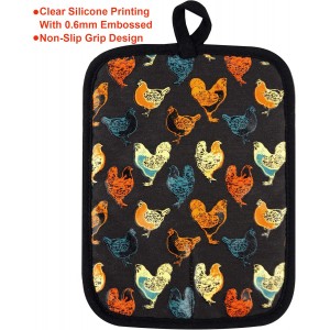 Pot Holders Set of 2 Heat Resistant 480 ℉Non Slip Clear Silicone Printed Comfortable Cotton Lining Kitchen Women Men Cooking Baking Microwave Machine Washable (Rooster, Black Potholders)