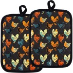 Pot Holders Set of 2 Heat Resistant 480 ℉Non Slip Clear Silicone Printed Comfortable Cotton Lining Kitchen Women Men Cooking Baking Microwave Machine Washable (Rooster, Black Potholders)