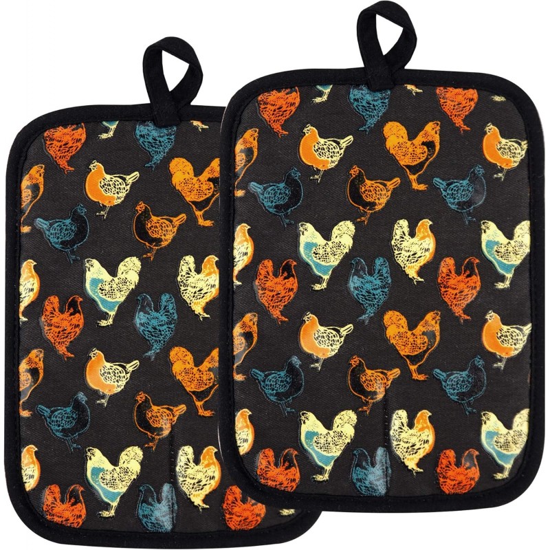 Pot Holders Set of 2 Heat Resistant 480 ℉Non Slip Clear Silicone Printed Comfortable Cotton Lining Kitchen Women Men Cooking Baking Microwave Machine Washable (Rooster, Black Potholders)