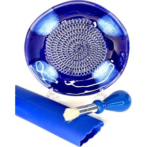All-in-one Premium Ceramic Garlic Grater Plate 4-Piece Set - Blue Cross Glazed Design and Style - For Garlic, Ginger, Chocolate, and more! - Comes with 5.25