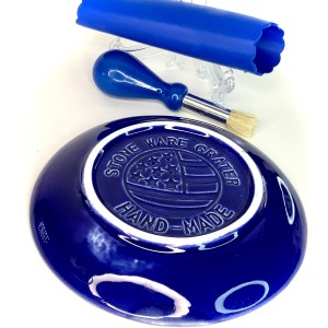 All-in-one Premium Ceramic Garlic Grater Plate 4-Piece Set - Blue Cross Glazed Design and Style - For Garlic, Ginger, Chocolate, and more! - Comes with 5.25