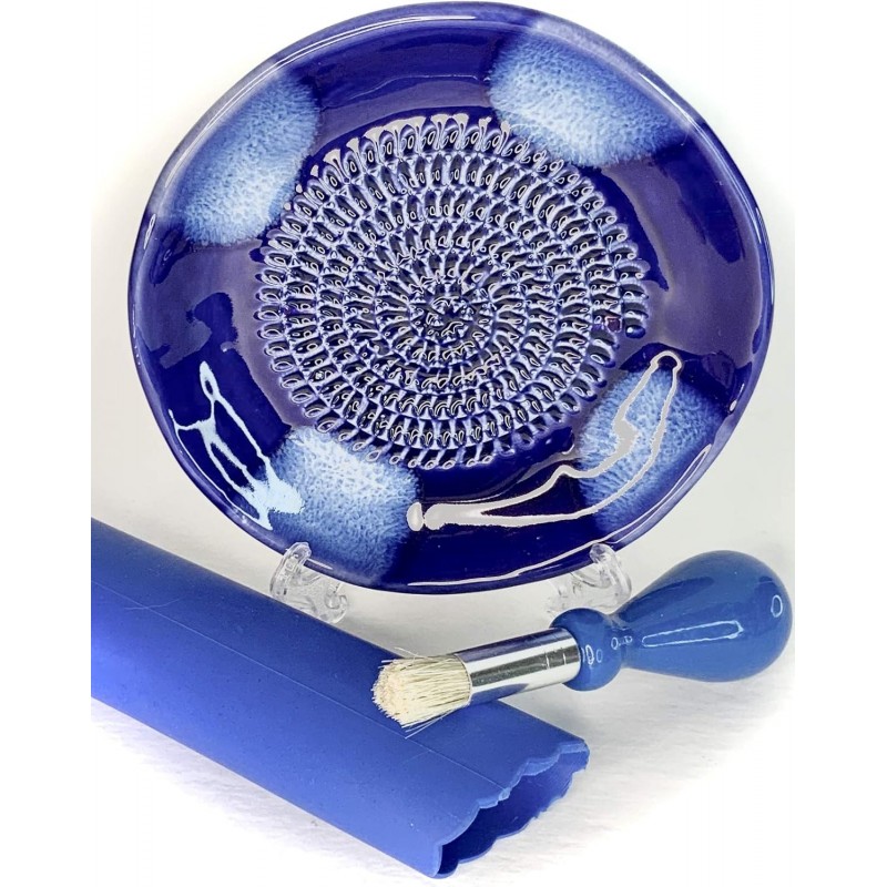 All-in-one Premium Ceramic Garlic Grater Plate 4-Piece Set - Blue Cross Glazed Design and Style - For Garlic, Ginger, Chocolate, and more! - Comes with 5.25