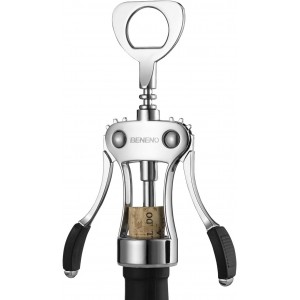 Beneno Wine Opener, Zinc Alloy Premium Wing Corkscrew with Multifunctional Bottles Opener, Sharp Wine Corkscrew with Ergonomic Non-Slip Wing Handle, Silver