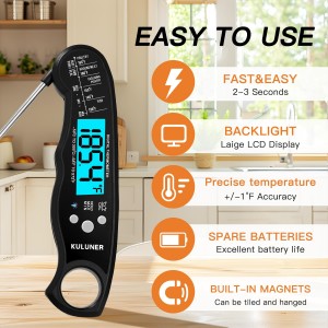 KULUNER TP-01 Waterproof Digital Instant Read Meat Thermometer with 4.6 Folding Probe Backlight Calibration Function for Cooking Food Candy, BBQ Grill, Liquids,Beef(Black)