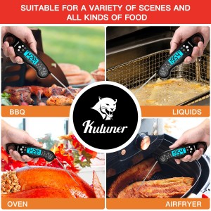 KULUNER TP-01 Waterproof Digital Instant Read Meat Thermometer with 4.6 Folding Probe Backlight Calibration Function for Cooking Food Candy, BBQ Grill, Liquids,Beef(Black)