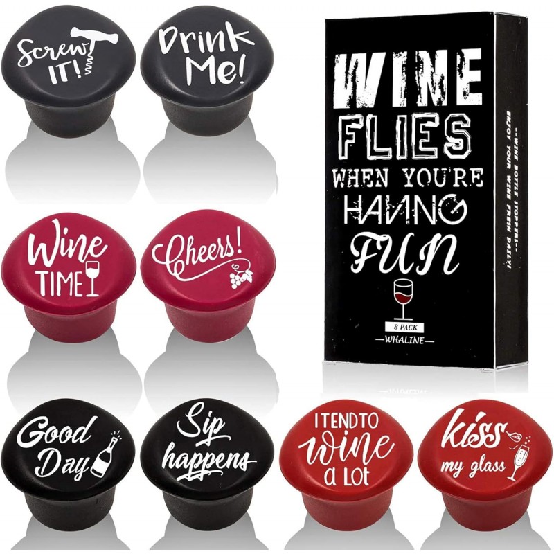 Whaline 8 Pack Funny Silicone Wine Stoppers, Reusable Wines Accessories and Wine Gifts with a Funny Saying for Wines Beer Bottles