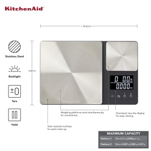 KitchenAid KQ909 Dual Platform Digital Kitchen and Food Scale, 11 pound capacity and Precision 16oz capacity, Black with Stainless Steel