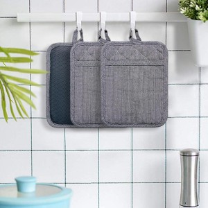 Pot Holders Yarn-Dyed Set of 3 Non Slip Silicone Kitchen Lines Heat Resistant 500℉ Kitchen Gloves BBQ Cooking Baking Women Men Cooking Barbecue Microwave Machine Washable (Gray Potholders)