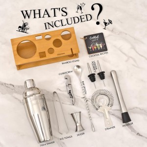 Bartender Kit Cocktail Shaker Set with Stand Bar Tool Bar Set for Drink Mixing Home Bartending Kit 11-Piece Bar Cart Accessories: Martini Shaker, Mixer Spoon, Jigger, Muddler, Strainer & Recipes Gifts