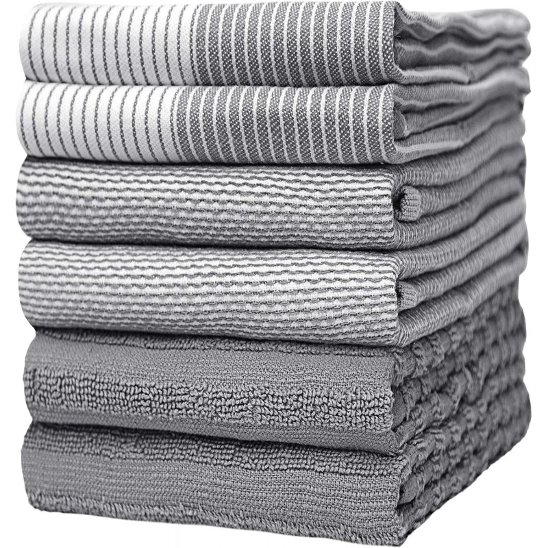 Premium Kitchen Towels (20”x 28”, 6 Pack) | Large Cotton Dish Towels | Flat & Terry Highly Absorbent Kitchen Linen Set with Hanging Loop | Gray