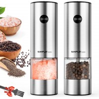 SIMPLETASTE Electric Salt and Pepper Grinder Set with LED Light, Automatic Pepper Mill Shakers with Adjustable Coarseness, One Hand Operation for Kitchen, Dining, Gifting, Silver, Battery Operated