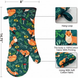 Oven Mitts Cotton Fashion Cute Fox Design 1 pair Heat Resistant Oven Gloves Safe Cooking Baking Grilling Barbecue Machine Washable (fox, oven mitts)