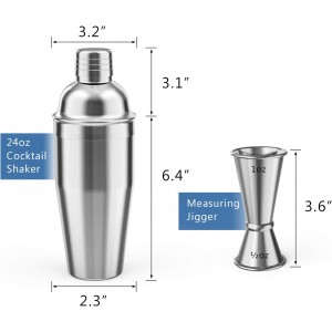 Cocktail Shaker with Double Measuring Jigger,Professional Stainless Steel 24oz Martini Shaker Set,Drink Built-In Strainer,Bartender Kit.