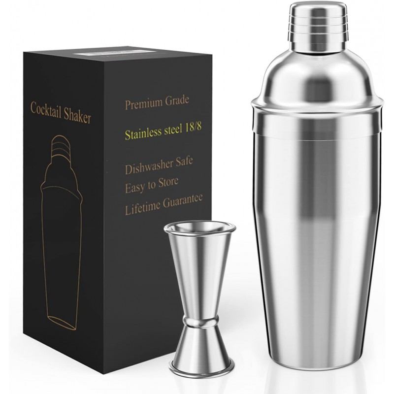 Cocktail Shaker with Double Measuring Jigger,Professional Stainless Steel 24oz Martini Shaker Set,Drink Built-In Strainer,Bartender Kit.