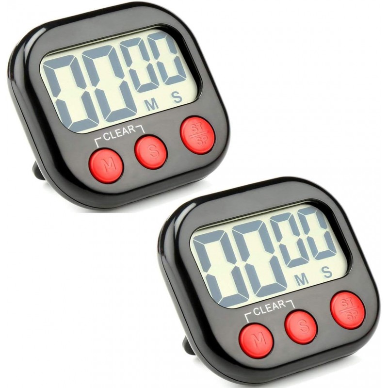 2 Pack Digital Kitchen Timer Big LCD Screen Loud Alarm Strong Magnetic Back and Stand Minute Seconds Count Up Countdown and Simple Operation for Homework Game Exercise Kids Cooking Timers (Black+Red)