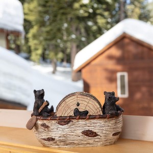 Bear Coasters Set of 6 Full Size Rustic Coasters in Handmade Canoe with Adorable Black Bear Figurines - Log Cabin Decorations, Rustic Lodge Decor for The Home