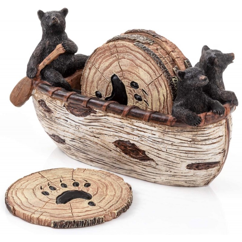 Bear Coasters Set of 6 Full Size Rustic Coasters in Handmade Canoe with Adorable Black Bear Figurines - Log Cabin Decorations, Rustic Lodge Decor for The Home