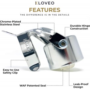 KLOVEO Champagne Stoppers - Patented Seal - Made in Italy - Professional Grade WAF Champagne Bottle Stopper - Prosecco, Cava, and Sparkling Wine Bottle Stopper