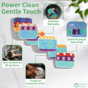 Set of 4 Premium Paperless Kitchen Dish Wash Scrubs – Sponge Scour Pads Made of 100% Natural Organic Fibers W/Non-Toxic Coat – Non-Scratch Surface – 5” x 6.5” – Ideal for Kitchen, Bathroom Cleaning