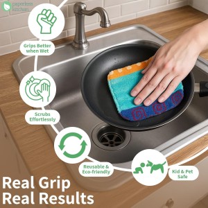 Set of 4 Premium Paperless Kitchen Dish Wash Scrubs – Sponge Scour Pads Made of 100% Natural Organic Fibers W/Non-Toxic Coat – Non-Scratch Surface – 5” x 6.5” – Ideal for Kitchen, Bathroom Cleaning