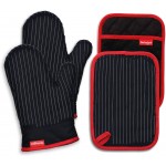 Oven Mitts and Pot Holders Set, Cooking Mitts, Heat Resistant Cooking Mitts and Pot Holders, Silicon Oven Gloves Set for Kitchen, Pure Cotton and Terrycloth Lining, Black, 4 Pcs Set
