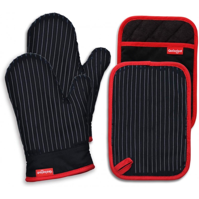 Oven Mitts and Pot Holders Set, Cooking Mitts, Heat Resistant Cooking Mitts and Pot Holders, Silicon Oven Gloves Set for Kitchen, Pure Cotton and Terrycloth Lining, Black, 4 Pcs Set