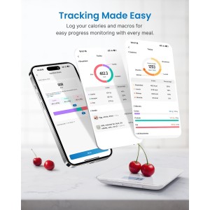 RENPHO Food Scale with Nutritional Calculator, Digital Kitchen Scale for Weight Loss, Smart Food Weight Scale with App for Macro Keto Calorie Cooking, Grams and Ounces, White, 11lb/5kg