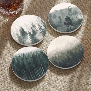 Lahome Forest Pattern Coasters - Round Drinks Absorbent Stone Coaster Set with Ceramic Stone and Cork Base for Kinds of Mugs and Cups (Forest, 4)