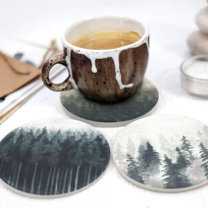 Lahome Forest Pattern Coasters - Round Drinks Absorbent Stone Coaster Set with Ceramic Stone and Cork Base for Kinds of Mugs and Cups (Forest, 4)