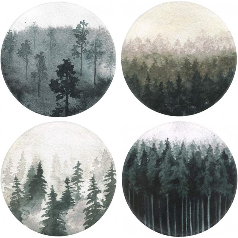 Lahome Forest Pattern Coasters - Round Drinks Absorbent Stone Coaster Set with Ceramic Stone and Cork Base for Kinds of Mugs and Cups (Forest, 4)