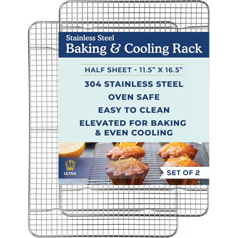 Ultra Cuisine Oven-Safe, Dishwasher-Safe 100% Stainless Steel Cooling and Baking Rack Set Heavy Duty Tight-Wire - 11.5 x 16.5-inch - Set of 2 - Half Sheet Pan Cooling Racks
