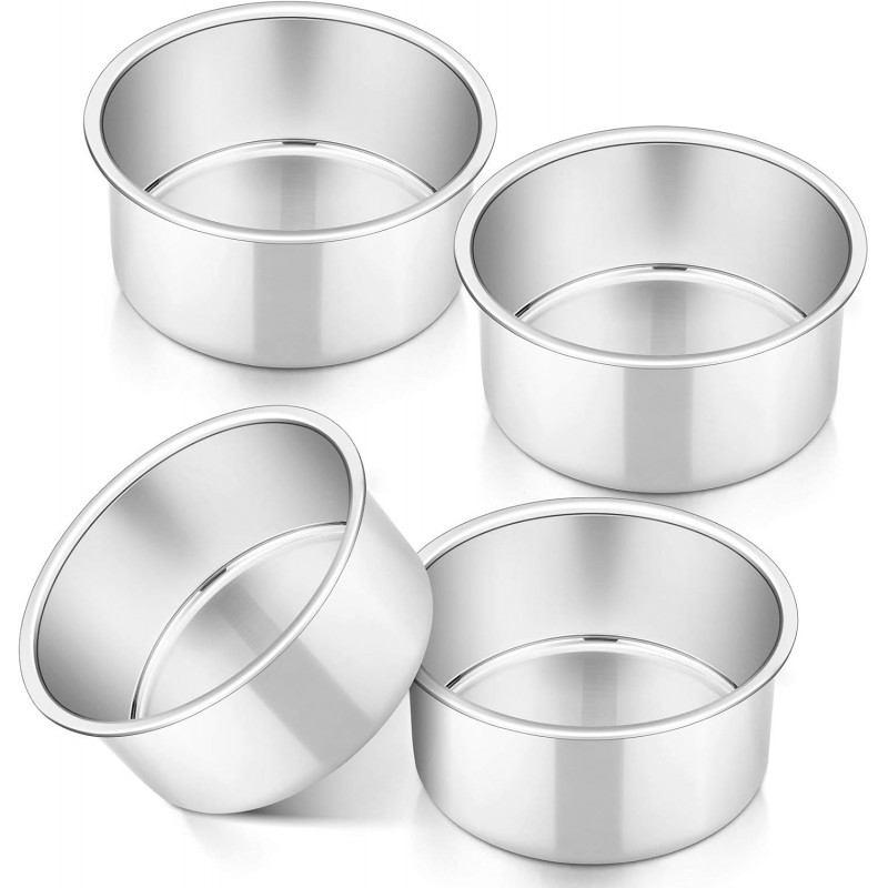 P&P CHEF Cake Pan Set of 4, Stainless Steel Baking Round Cake Pans Tins Bakeware for Birthday Wedding, Leak-proof & Easy Clean, Mirror Finish & Easy Releasing, 4 Inch