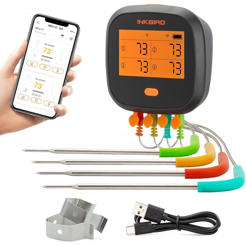 INKBIRD WiFi Meat Thermometer for Grilling, Unlimited Rang Rechargeable BBQ Thermometer APP Calibration, Temp Graph Mobile Notification, 4 Colorful Probes Food Thermometer for Pellet Smoker Oven
