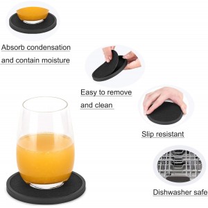 Absorbent Coasters for Drinks with Holder - 6packs, Silicone Coaster with Soft Felt Insert, Black (Coasters with Holder, Black)