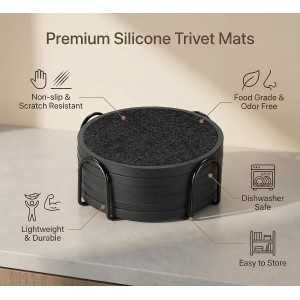 Absorbent Coasters for Drinks with Holder - 6packs, Silicone Coaster with Soft Felt Insert, Black (Coasters with Holder, Black)