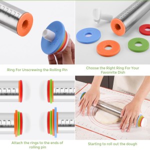 Rolling Pin nonstick and Silicone Baking Pastry Mat combo kit, Adjustable Rolling Pin With Thickness Rings for Baking Fondant, Pizza, Pie, Pastry, Pasta, Dough, Cookies (red)