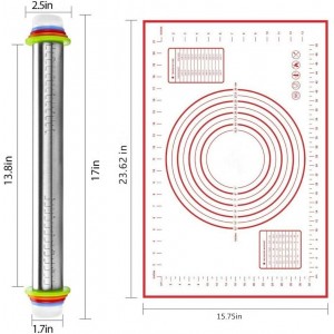 Rolling Pin nonstick and Silicone Baking Pastry Mat combo kit, Adjustable Rolling Pin With Thickness Rings for Baking Fondant, Pizza, Pie, Pastry, Pasta, Dough, Cookies (red)